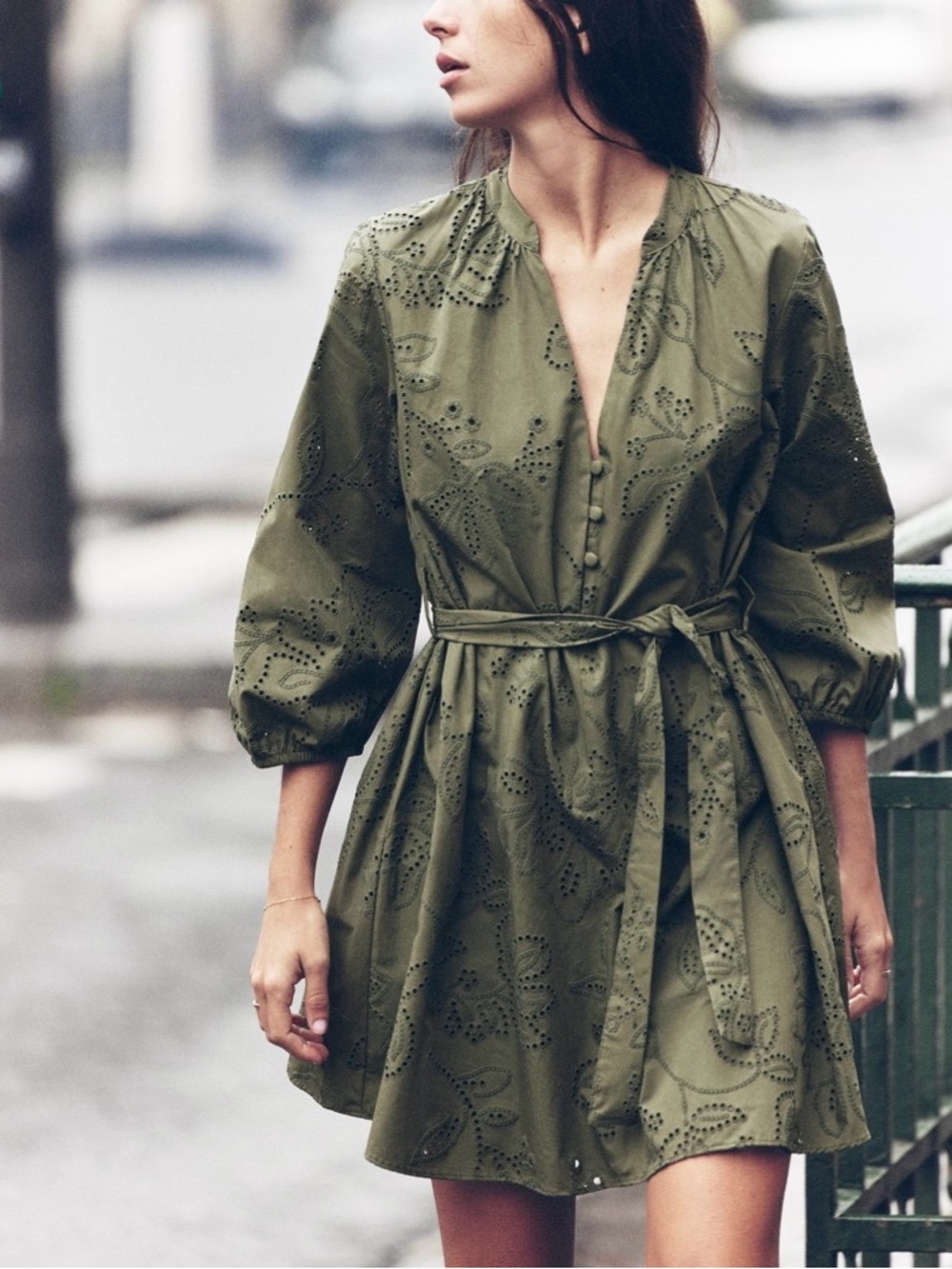 ZARA Green Rubberized Embroidery Floral Eyelet Pattern Casual Dress